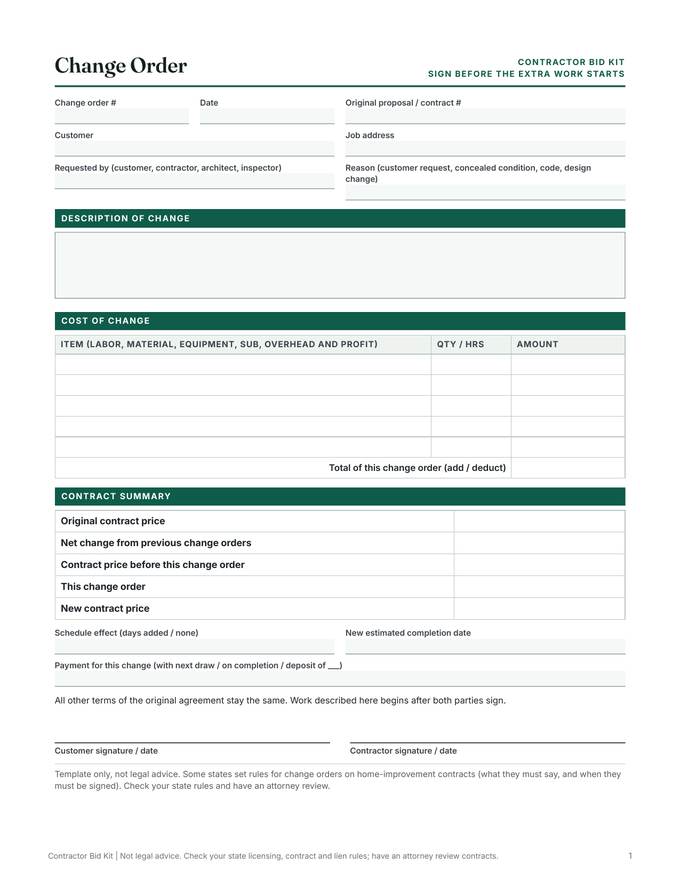Change order: real page from the download