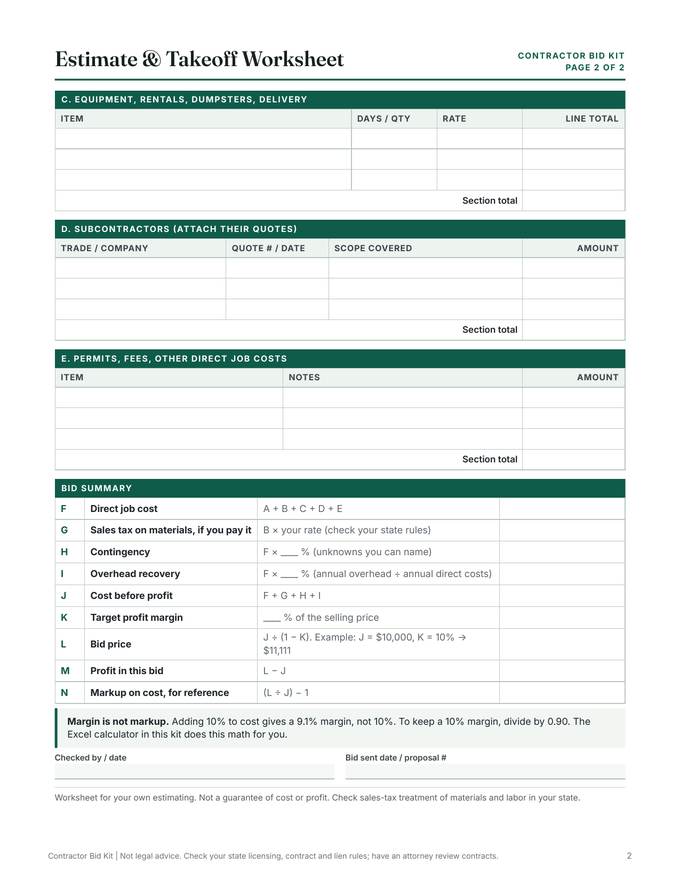 Estimate worksheet: real page from the download