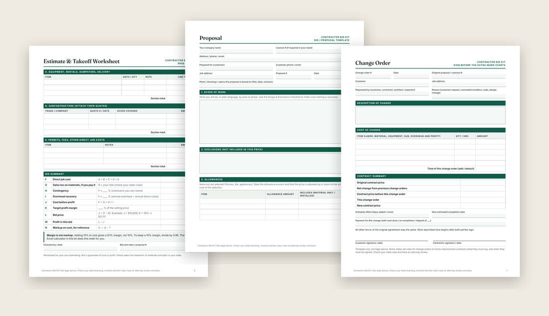 Three real pages from the kit: estimate bid summary, proposal and change order