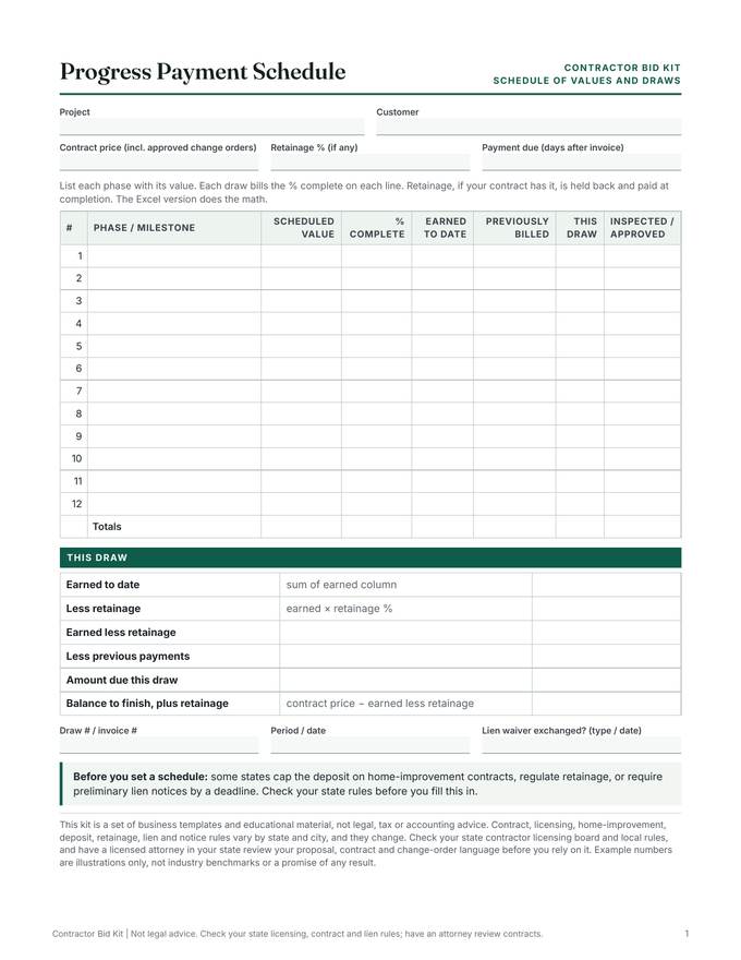 Payment schedule: real page from the download