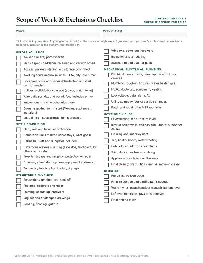 Scope & exclusions: real page from the download