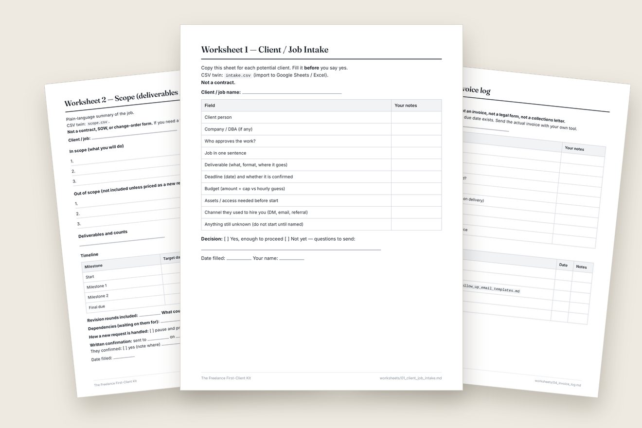 Three real worksheets from the kit: client intake, scope notes and invoice log