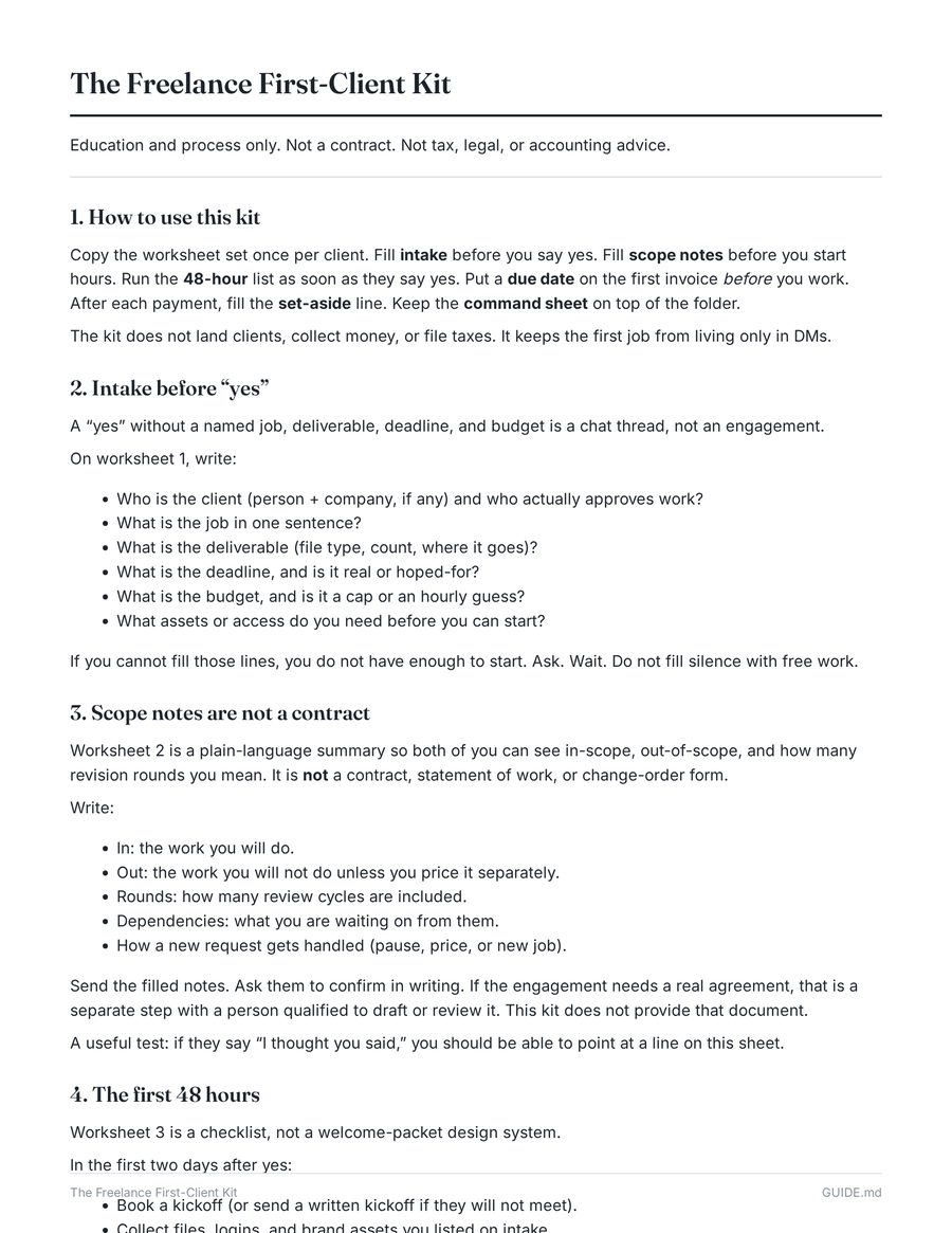 The Guide — real page from the kit