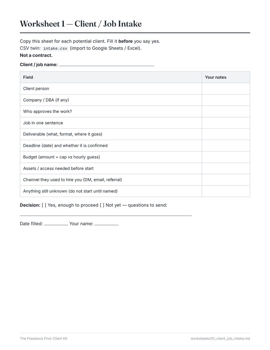 Client / Job Intake — real page from the kit