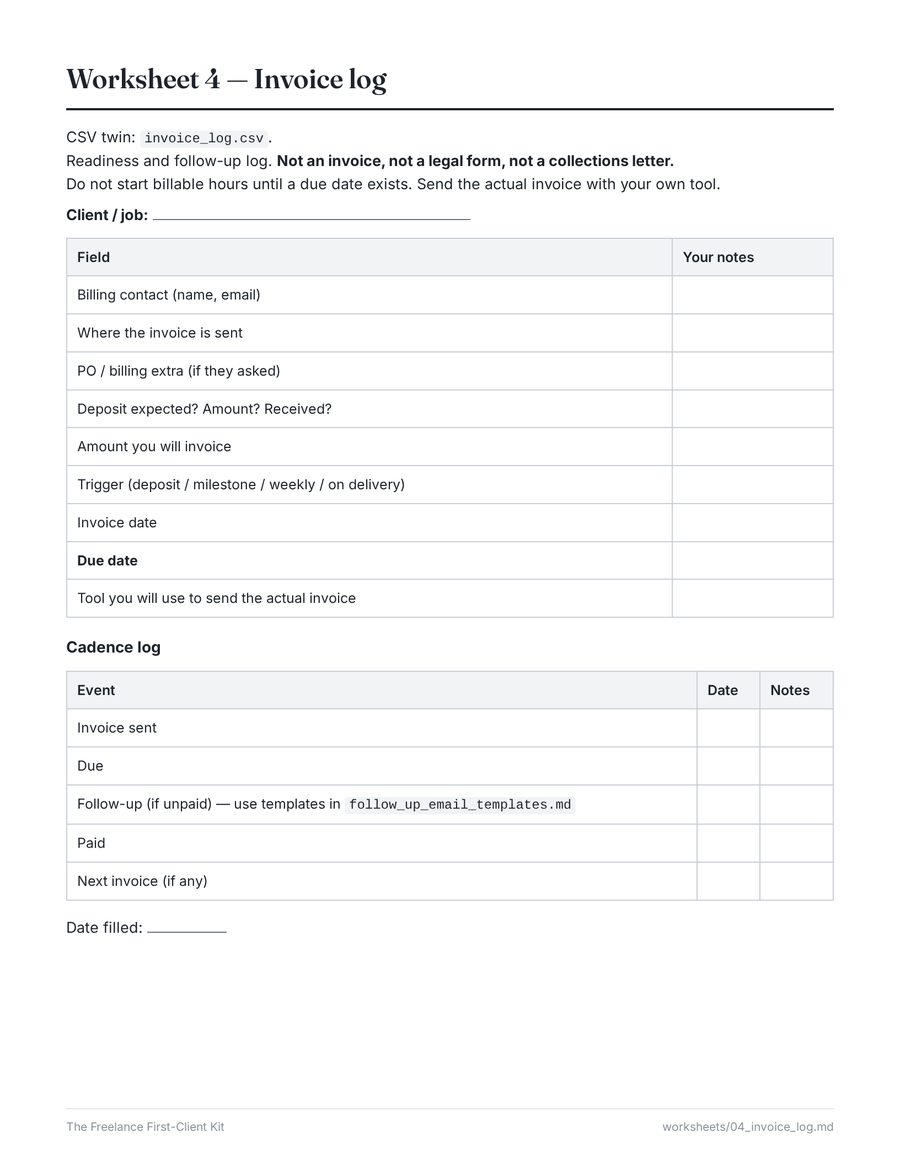 Invoice Log — real page from the kit