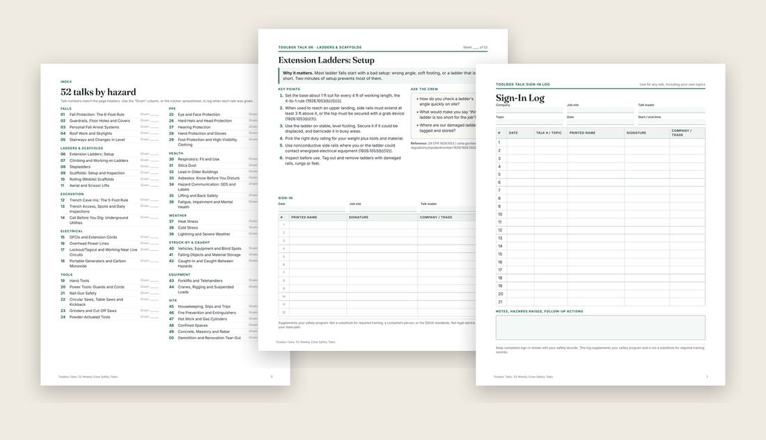 Three real pages: the index, a ladder setup talk and the sign-in log